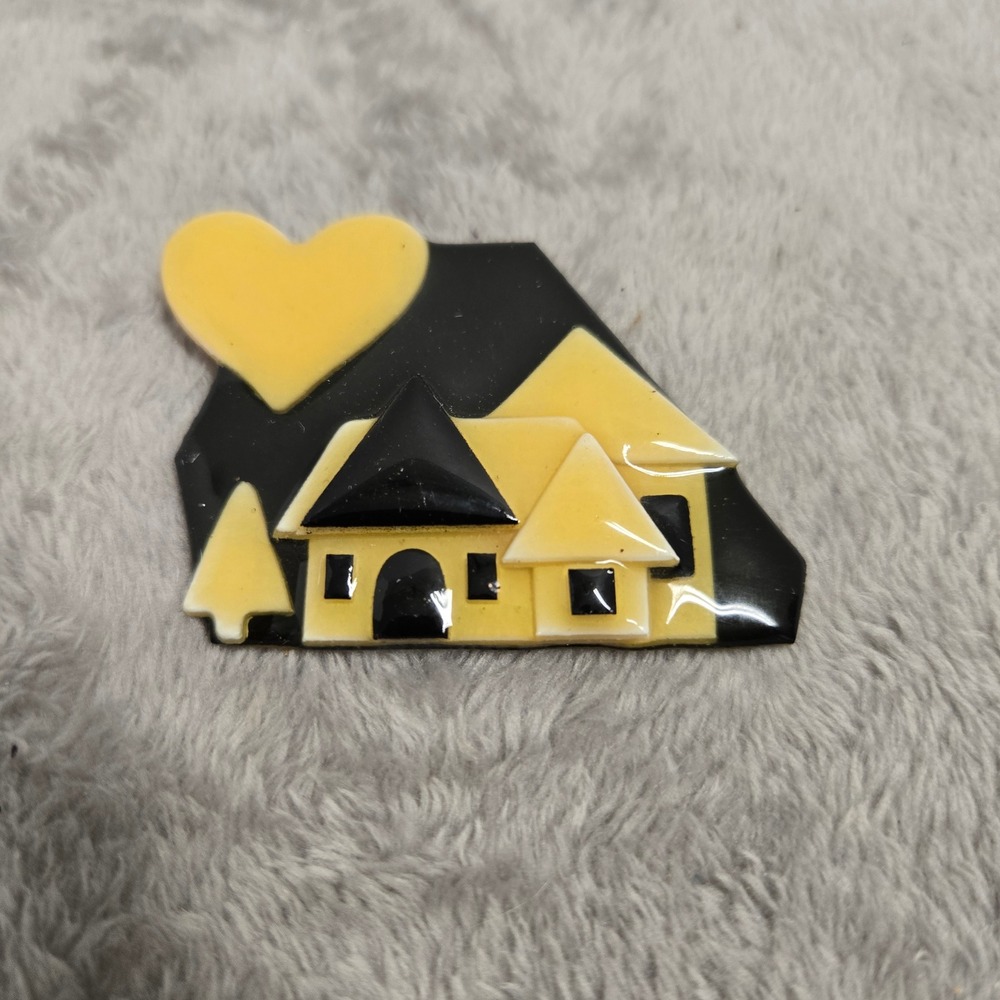 House Pins by Lucinda Vintage Resin Brooch Black Yellow Heart Cottage Folk Art